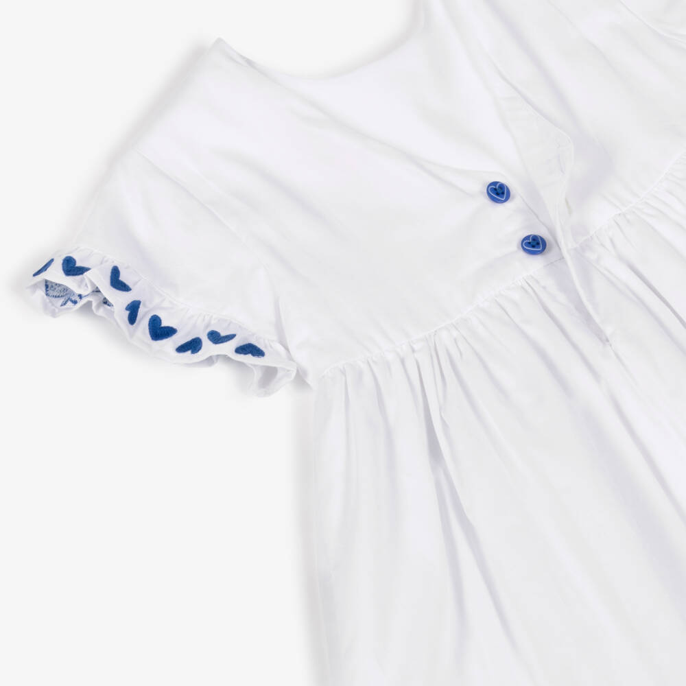 Agatha Ruiz de la Prada-Girls White Cotton Dress with Blue Heart & Flower Embroidery | Childrensalon Outlet