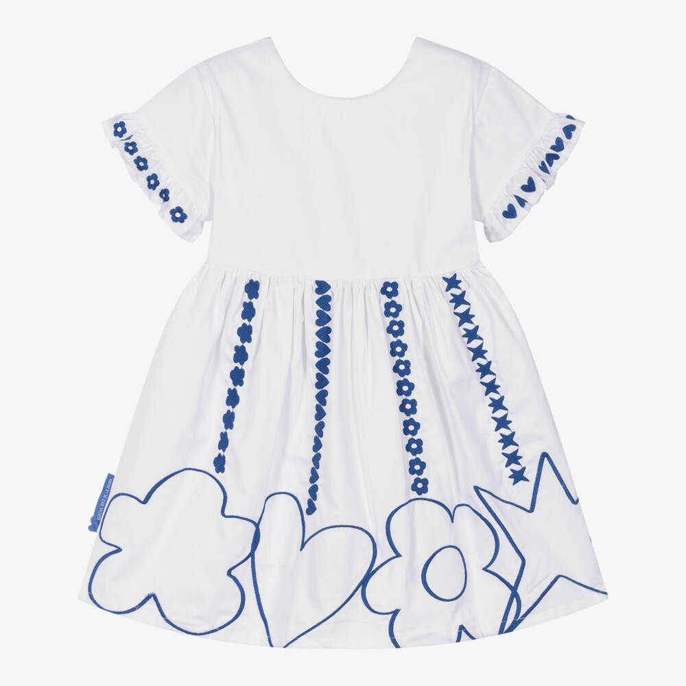 Agatha Ruiz de la Prada-Girls White Cotton Dress with Blue Heart & Flower Embroidery | Childrensalon Outlet