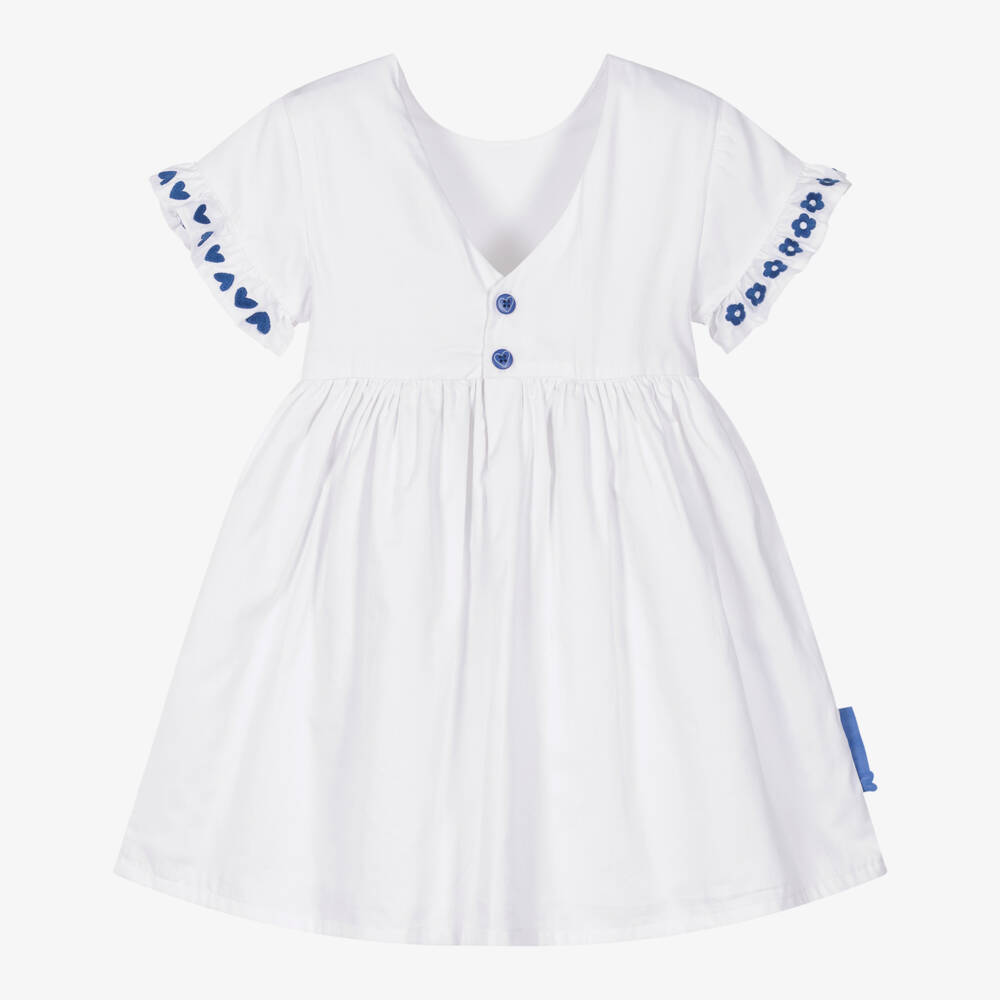Agatha Ruiz de la Prada-Girls White Cotton Dress with Blue Heart & Flower Embroidery | Childrensalon Outlet