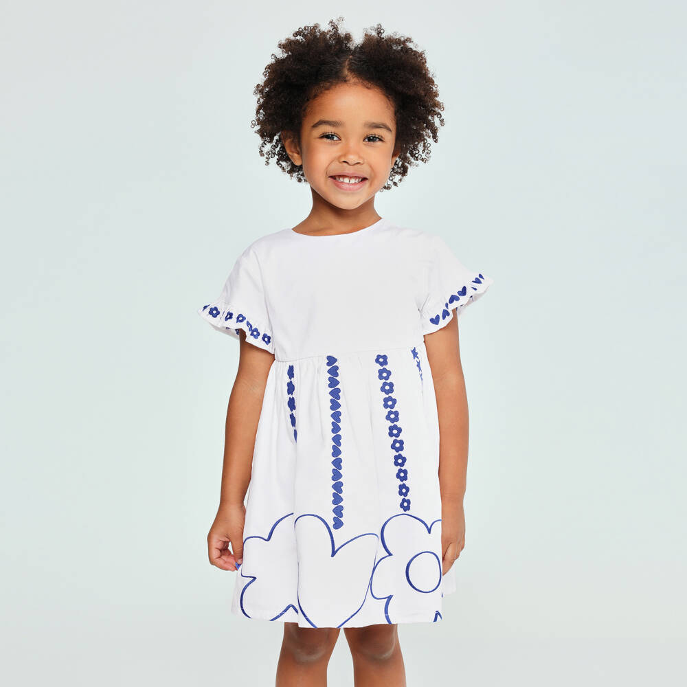 Agatha Ruiz de la Prada-Girls White Cotton Dress with Blue Heart & Flower Embroidery | Childrensalon Outlet