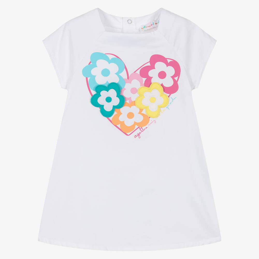 Agatha Ruiz de la Prada-Girls White Cotton Dress with Logo Heart & Flowers | Childrensalon Outlet