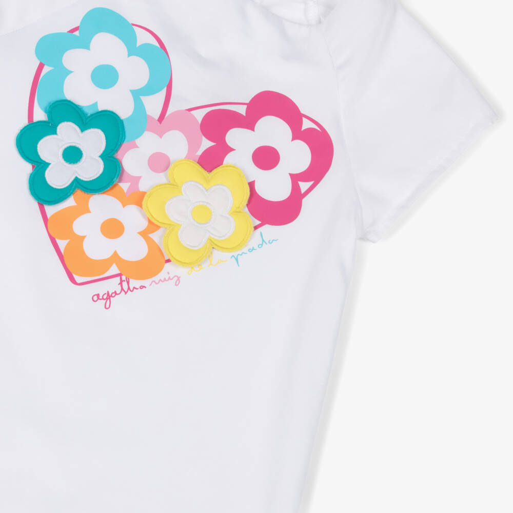 Agatha Ruiz de la Prada-Girls White Cotton Dress with Logo Heart & Flowers | Childrensalon Outlet