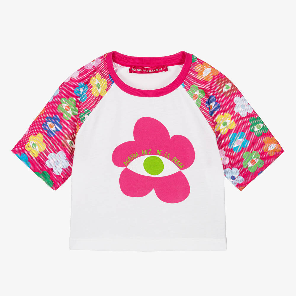 Girls White Cotton Floral T Shirt