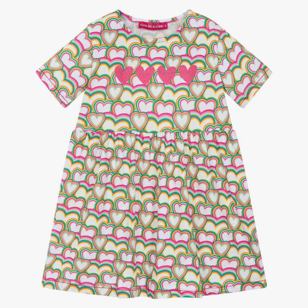 Agatha Ruiz de la Prada-Girls White Cotton Rainbow Heart Dress | Childrensalon Outlet
