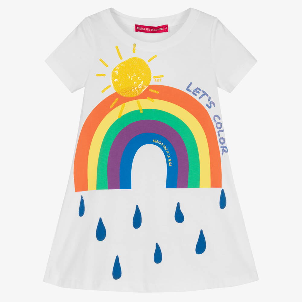 Agatha Ruiz de la Prada - Белое хлопковое платье-футболка с радугой | Childrensalon