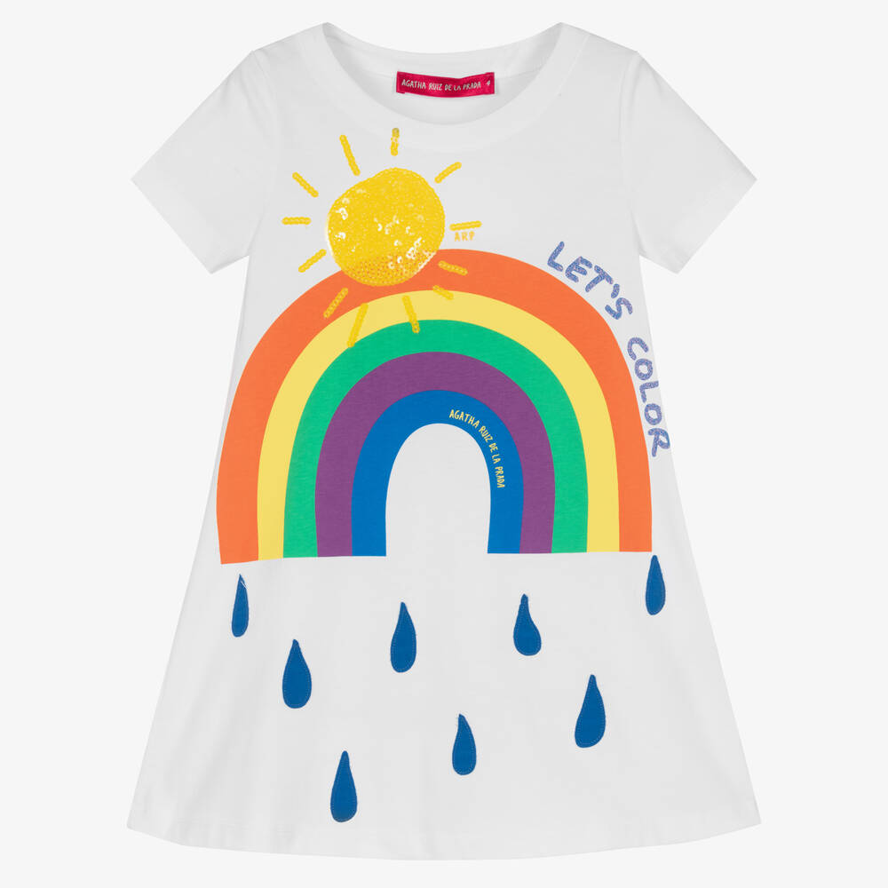 Agatha Ruiz de la Prada - Robe t-shirt blanche arc-en-ciel | Childrensalon