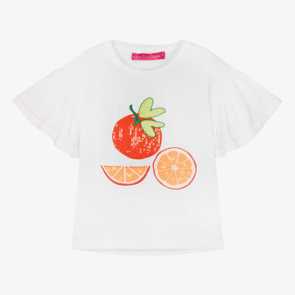 Agatha Ruiz de la Prada-Girls White Cotton Sequin Orange T-Shirt | Childrensalon Outlet