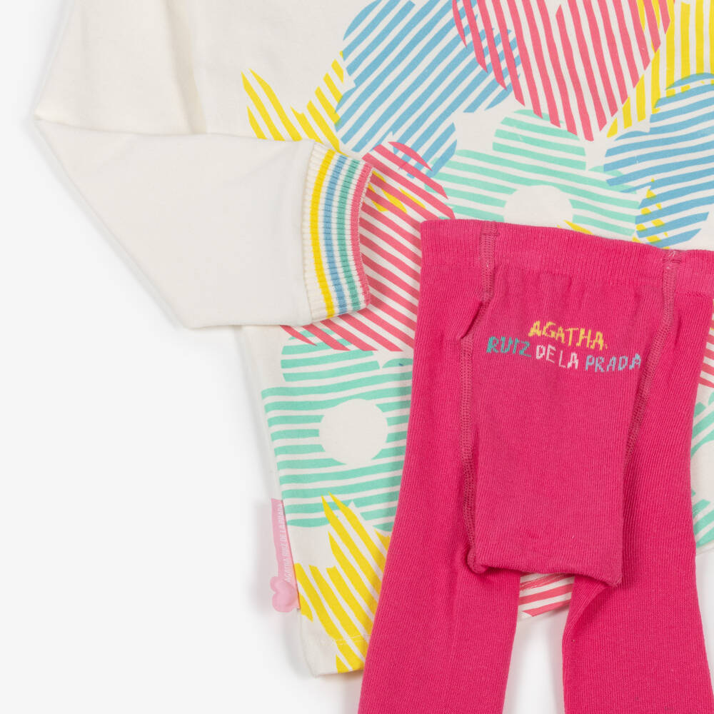 Agatha Ruiz de la Prada-Girls White Cotton Sweatshirt Dress & Pink Tights Set | Childrensalon Outlet