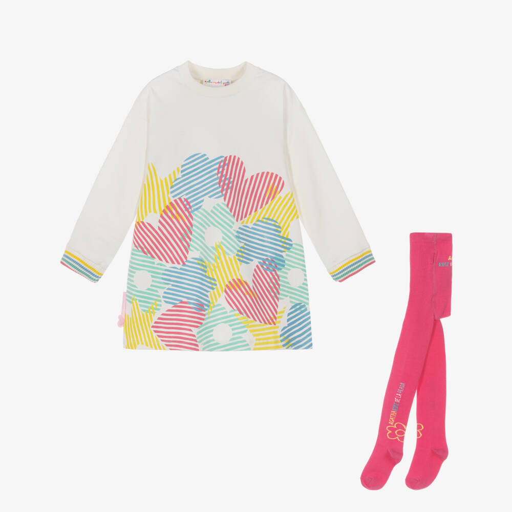 Agatha Ruiz de la Prada-Girls White Cotton Sweatshirt Dress & Pink Tights Set | Childrensalon Outlet
