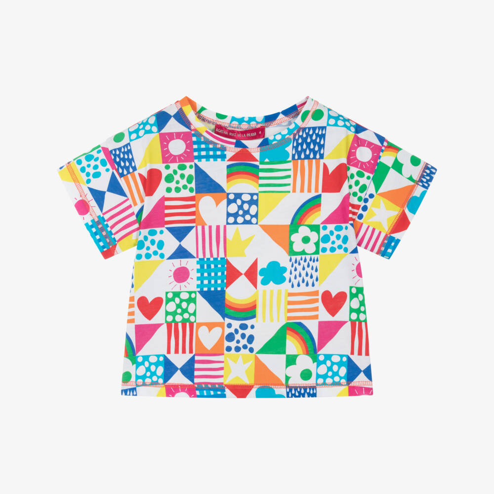 Agatha Ruiz de la Prada-Girls White Cotton T-Shirt with Colourful Print | Childrensalon Outlet
