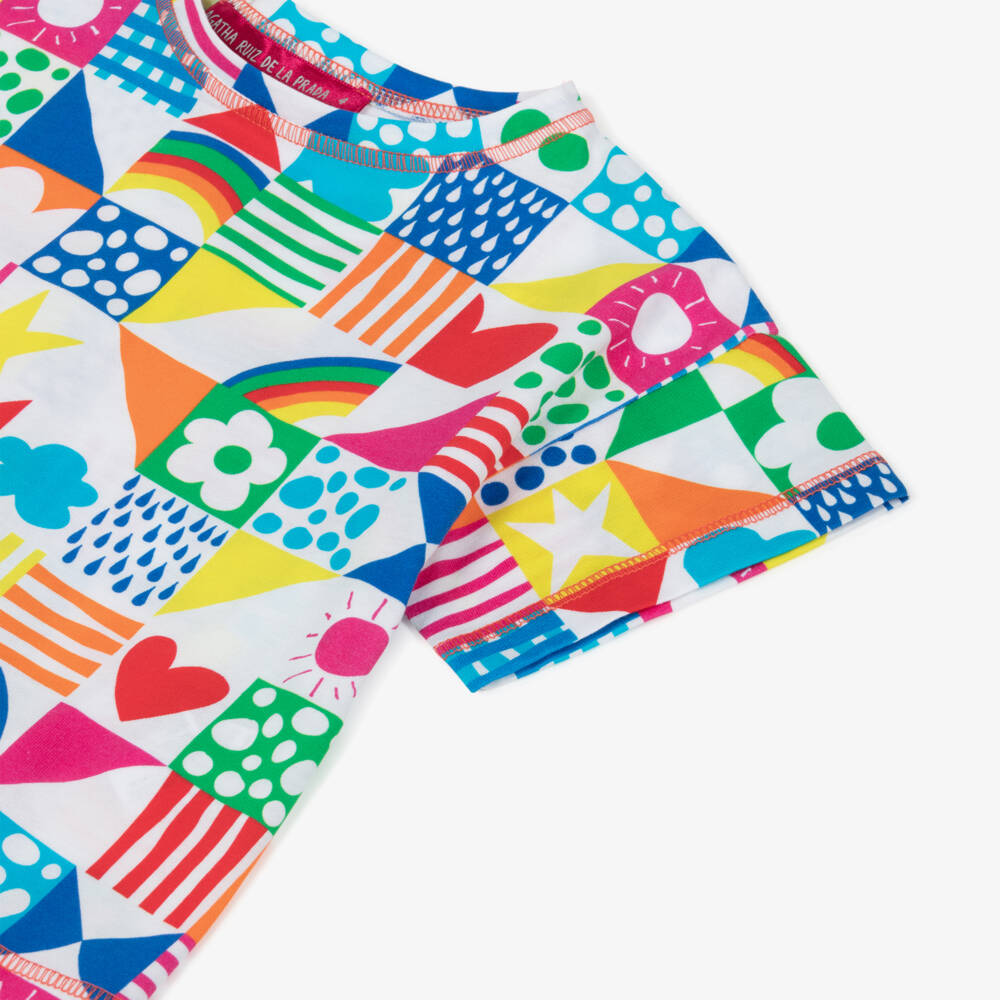 Agatha Ruiz de la Prada-Girls White Cotton T-Shirt with Colourful Print | Childrensalon Outlet