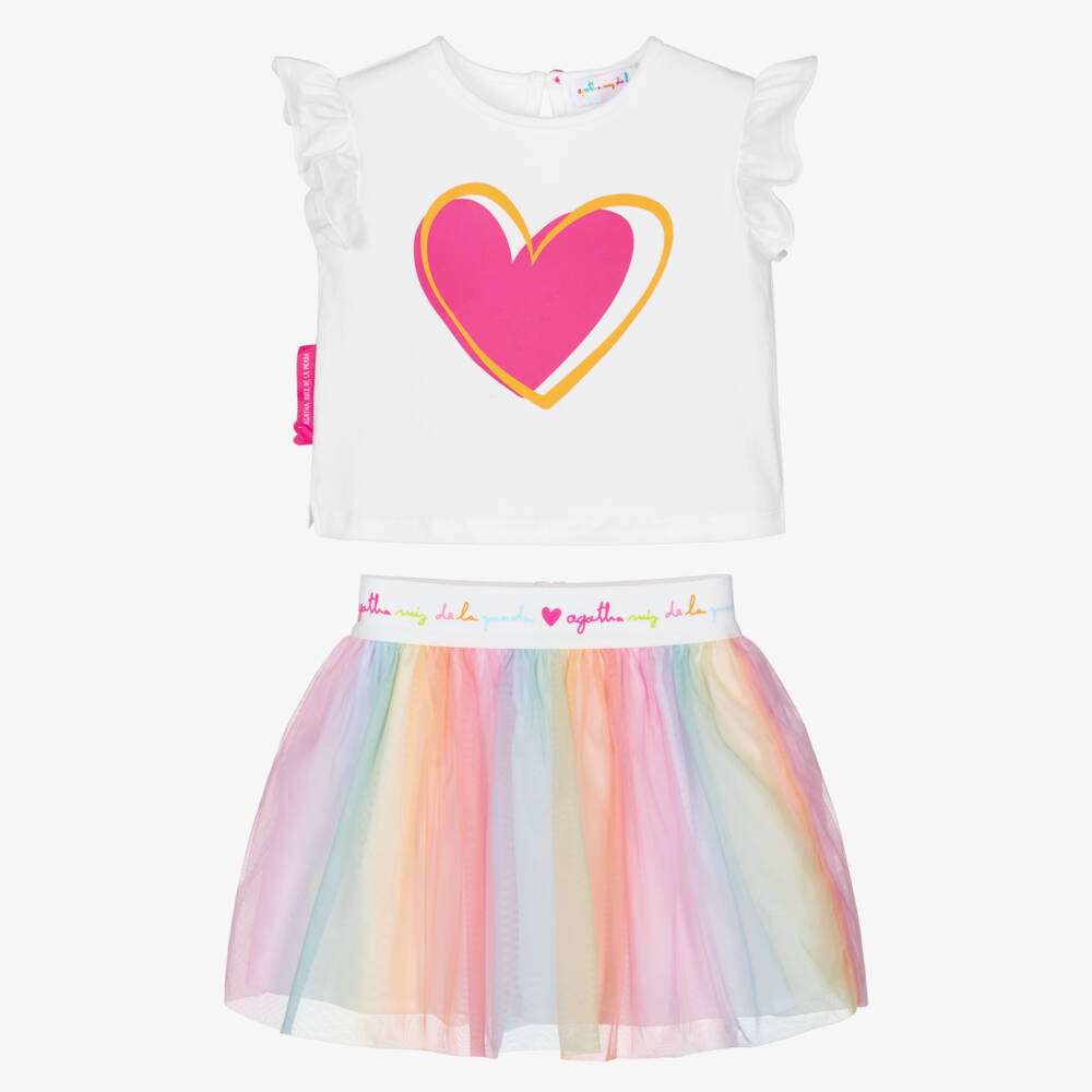 Agatha Ruiz de la Prada-Girls White Cotton Top & Rainbow Tulle Skirt Set | Childrensalon Outlet