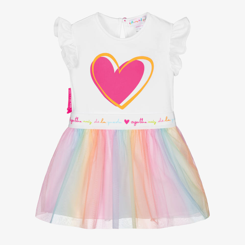 Agatha Ruiz de la Prada-Girls White Cotton Top & Rainbow Tulle Skirt Set | Childrensalon Outlet