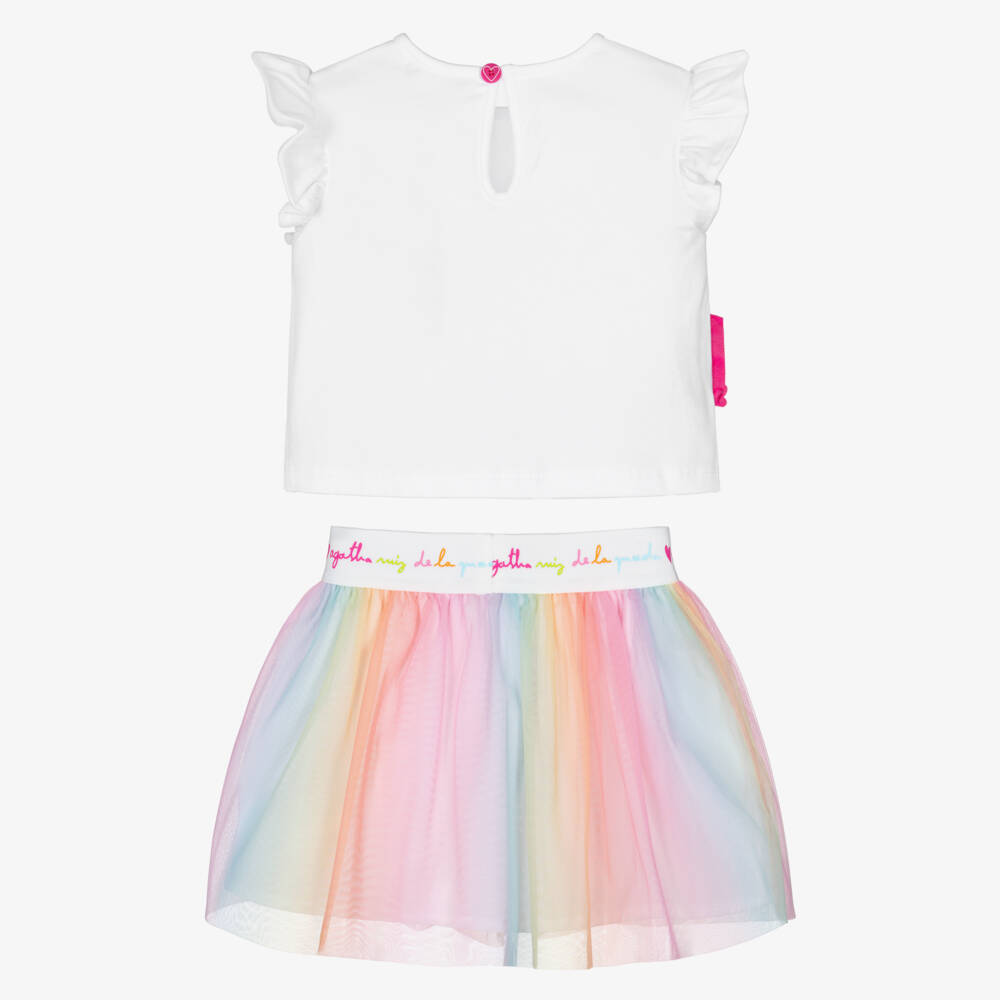 Agatha Ruiz de la Prada-Girls White Cotton Top & Rainbow Tulle Skirt Set | Childrensalon Outlet