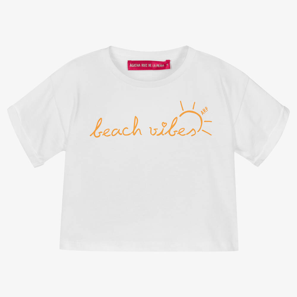 Agatha Ruiz de la Prada - Girls White Cropped Cotton T-Shirt | Childrensalon