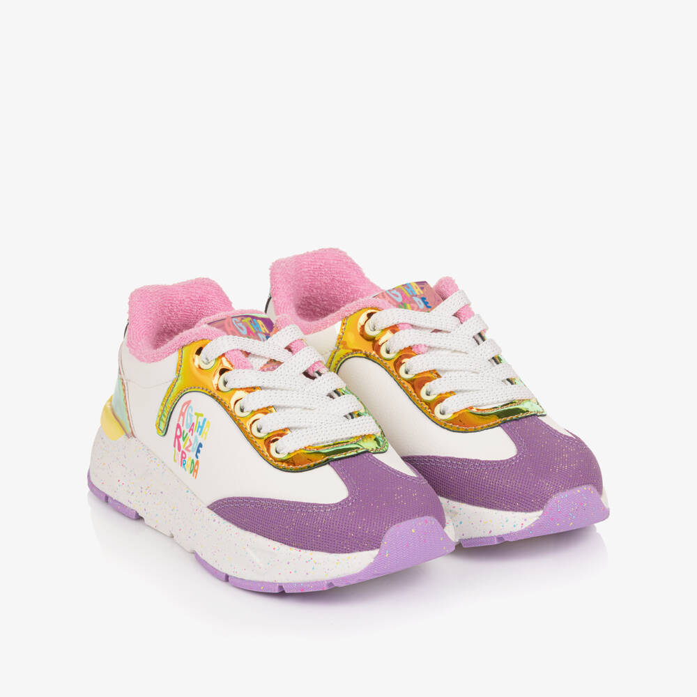 Agatha Ruiz de la Prada-Girls White Faux Leather Lace Up Trainers with Iridescent Trims | Childrensalon Outlet