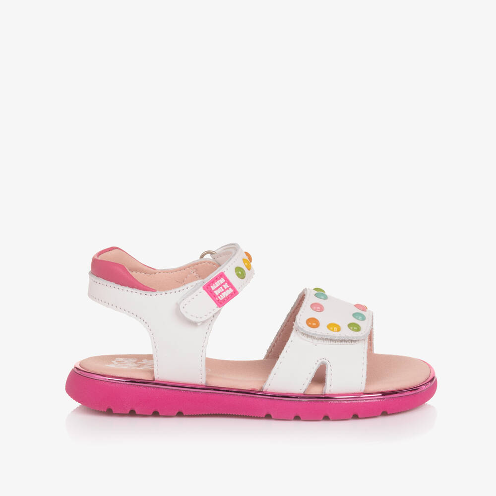 Agatha Ruiz de la Prada-Girls White Leather Velcro Sandals with Colourful Studs | Childrensalon Outlet