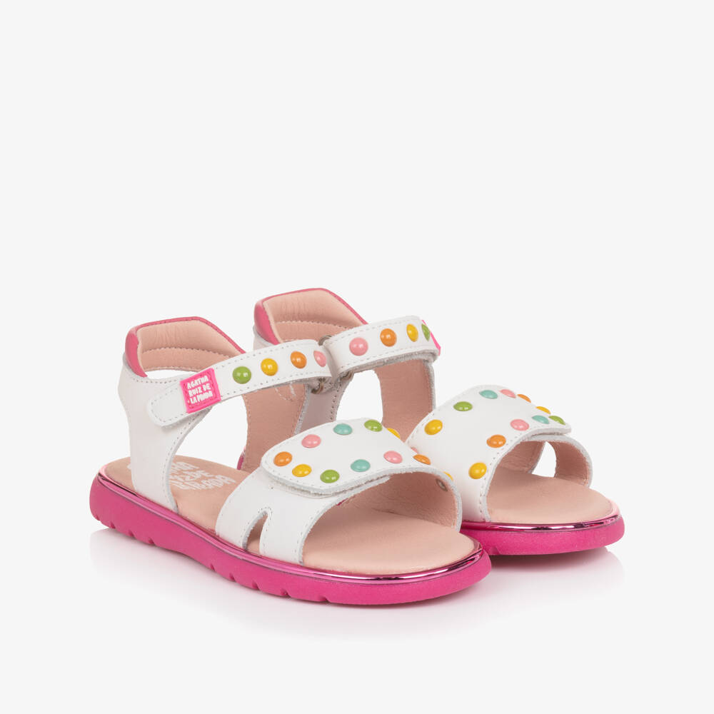 Agatha Ruiz de la Prada-Girls White Leather Velcro Sandals with Colourful Studs | Childrensalon Outlet