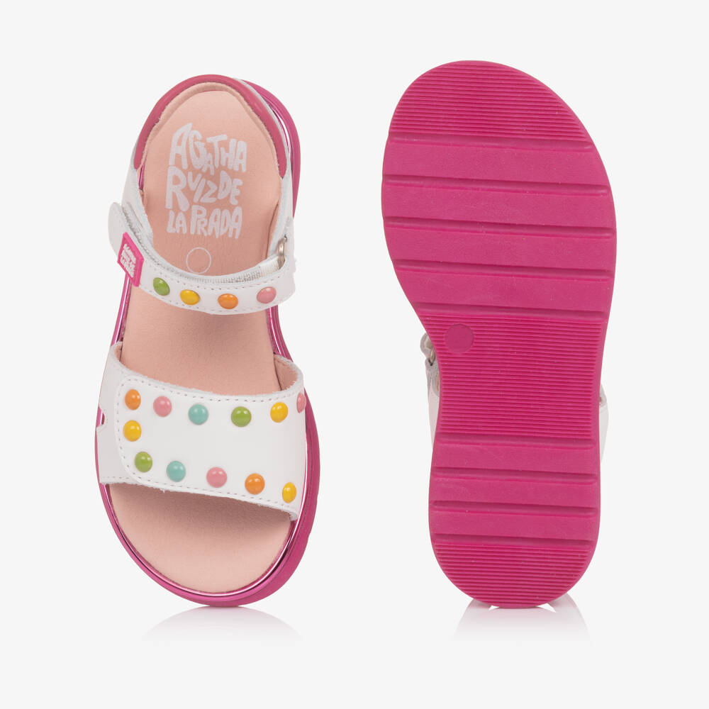 Agatha Ruiz de la Prada-Girls White Leather Velcro Sandals with Colourful Studs | Childrensalon Outlet