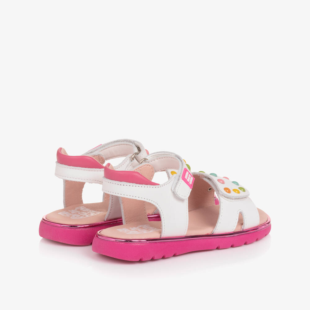 Agatha Ruiz de la Prada-Girls White Leather Velcro Sandals with Colourful Studs | Childrensalon Outlet
