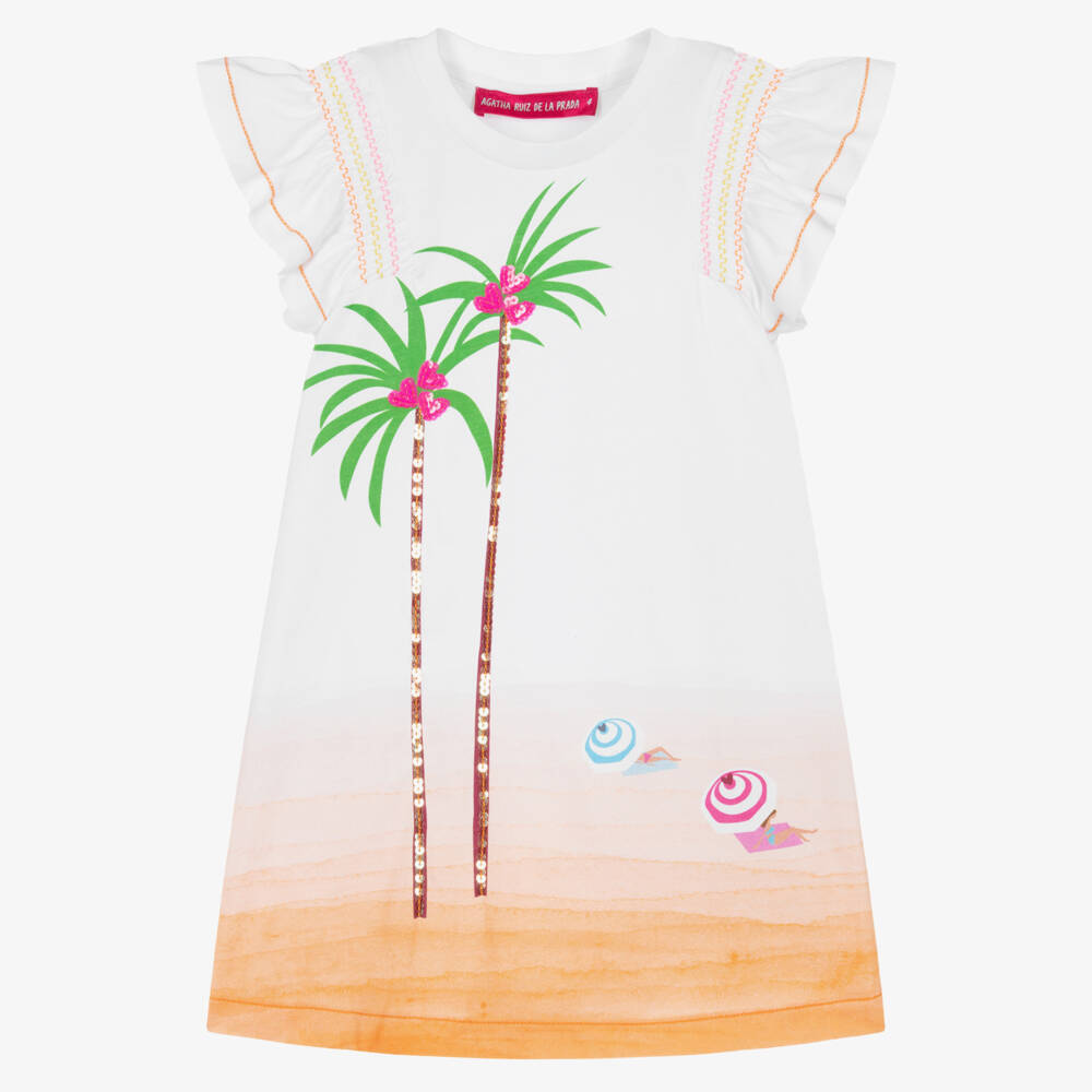 Agatha Ruiz de la Prada-Girls White & Orange Palm Tree Print Cotton Dress | Childrensalon Outlet