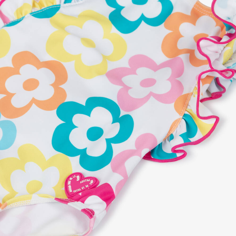 Agatha Ruiz de la Prada-Girls White, Pink & Blue Swimsuit with Flower Print | Childrensalon Outlet