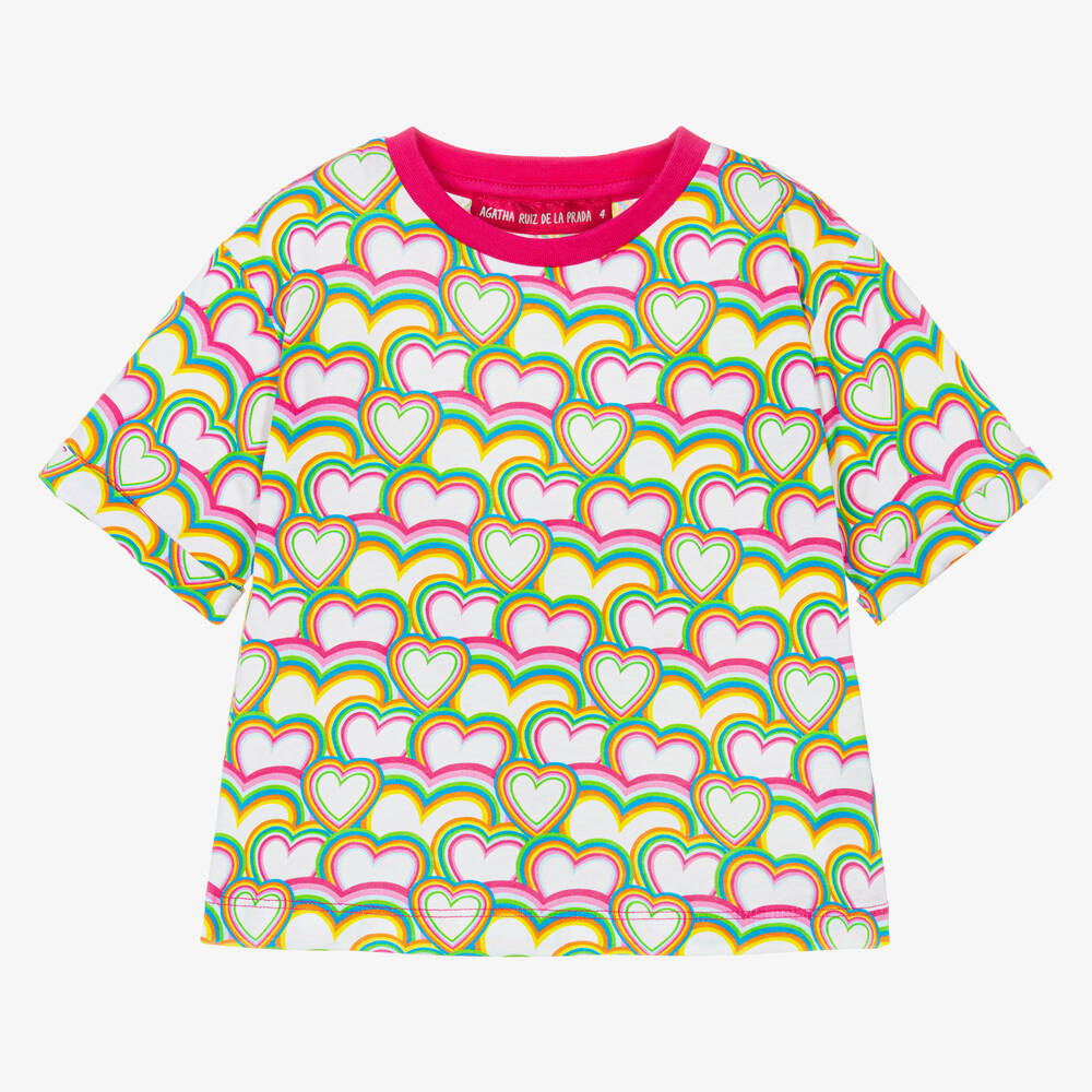 Agatha Ruiz de la Prada-Girls White & Pink Cotton Heart T-Shirt | Childrensalon Outlet