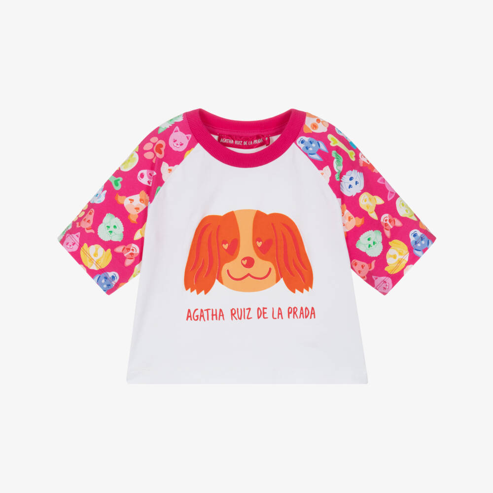 Agatha Ruiz de la Prada-Girls White & Pink Cotton T-Shirt with Dog Print | Childrensalon Outlet