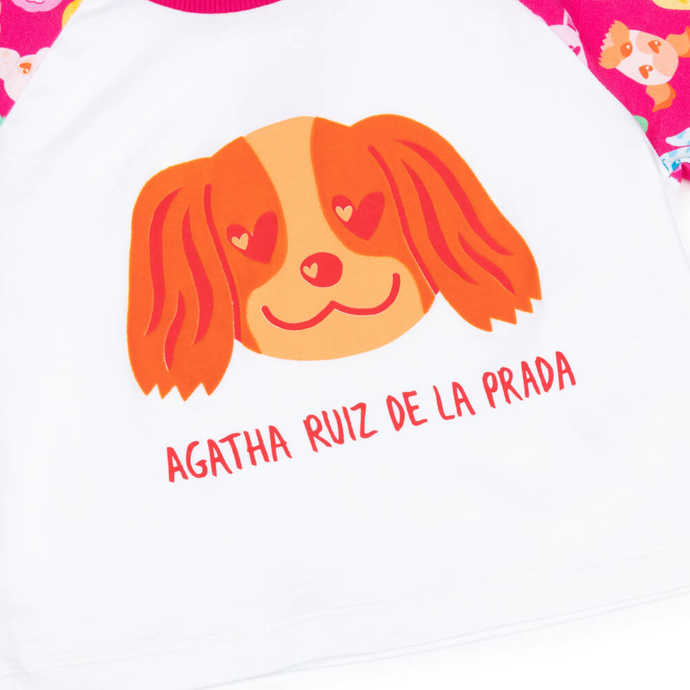 Agatha Ruiz de la Prada-Girls White & Pink Cotton T-Shirt with Dog Print | Childrensalon Outlet