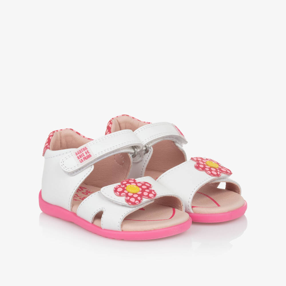 Agatha Ruiz de la Prada-صنادل بناتية بيضاء وزهرية بنقشة الأزهار | Childrensalon Outlet