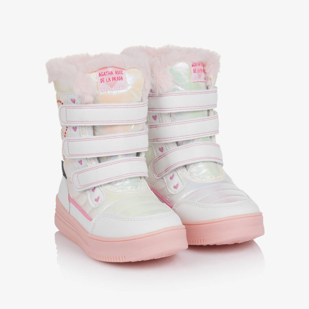 Agatha Ruiz de la Prada-Girls White & Pink Iridescent Snow Boots | Childrensalon Outlet