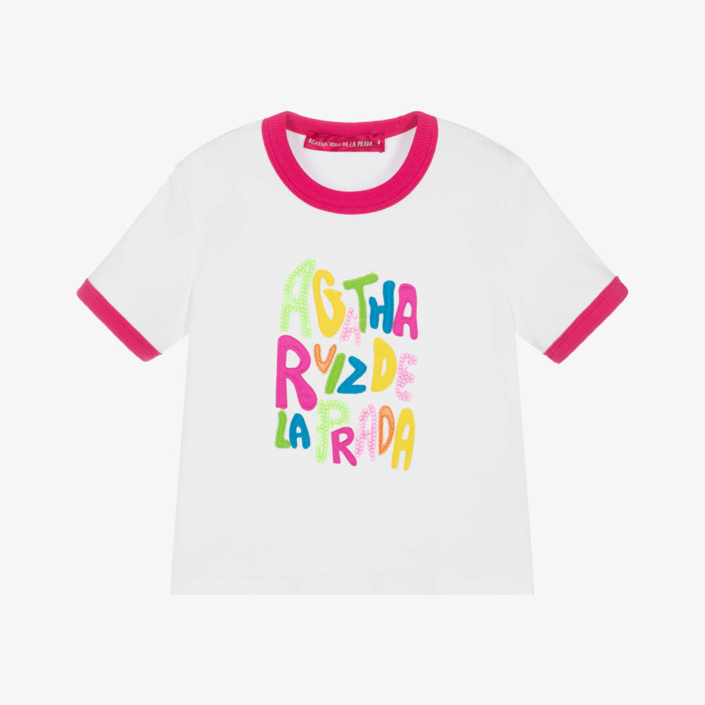 Agatha Ruiz de la Prada-Белая рифленая футболка рингер | Childrensalon Outlet