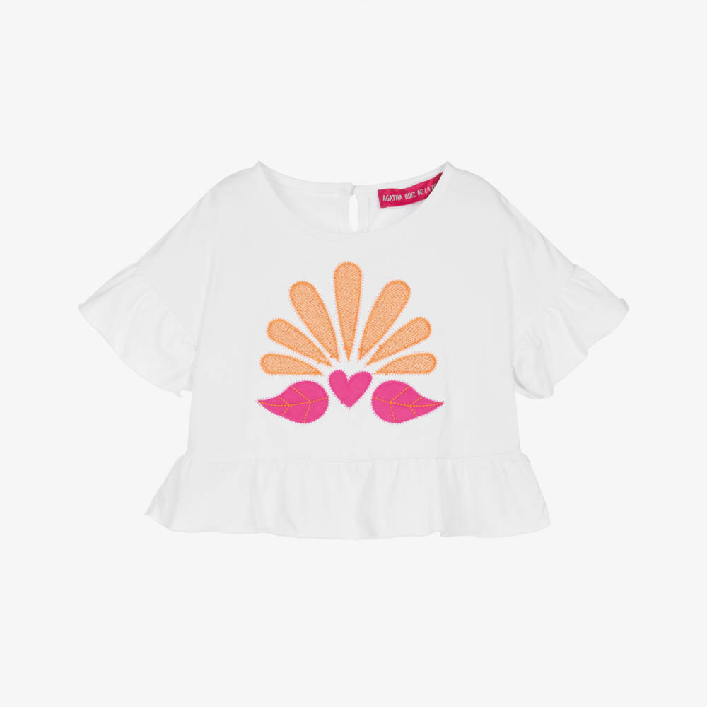 Agatha Ruiz de la Prada-Girls White Ruffled Cotton T-Shirt | Childrensalon Outlet