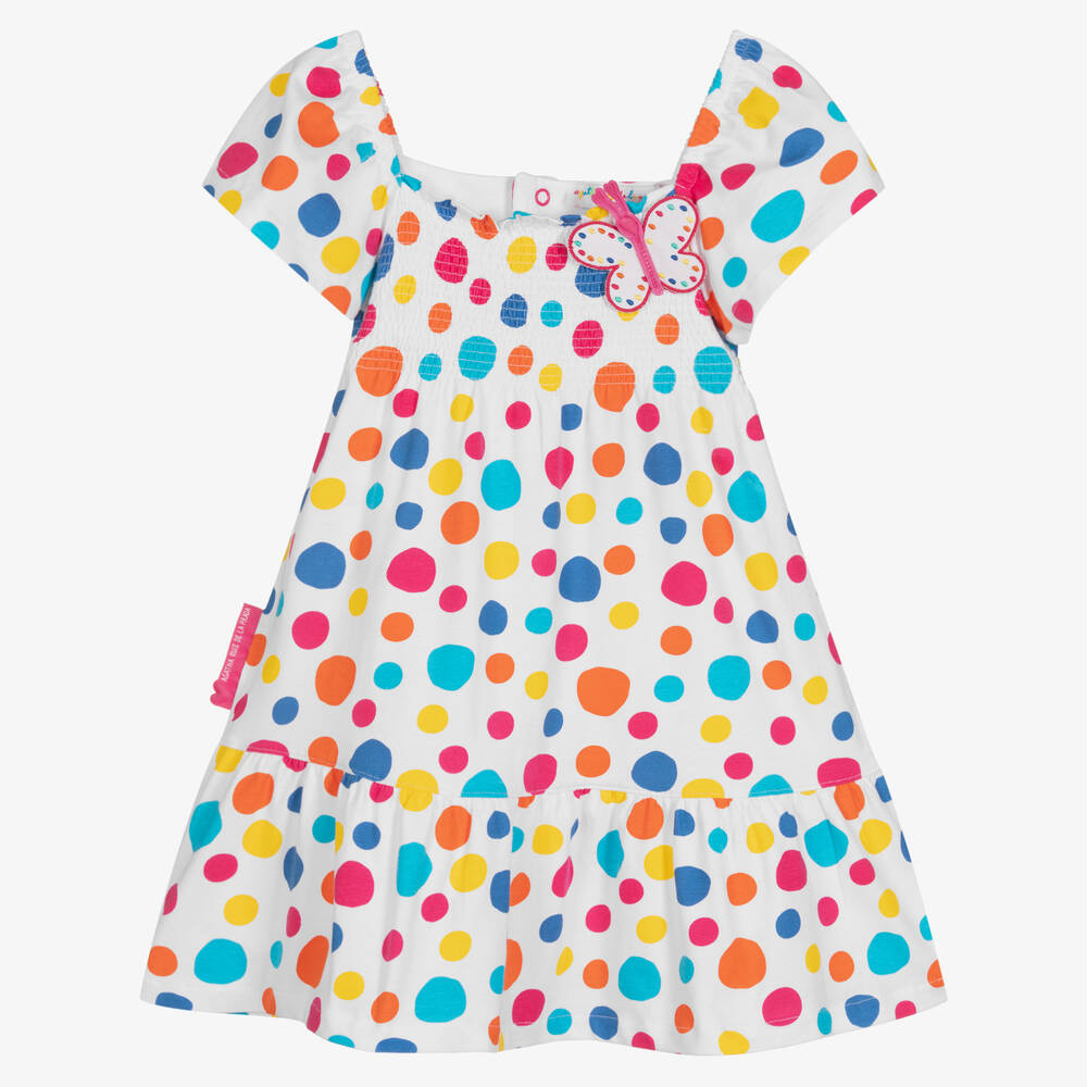 Agatha Ruiz de la Prada - Girls White Spotted Cotton Jersey Butterfly Dress  | Childrensalon