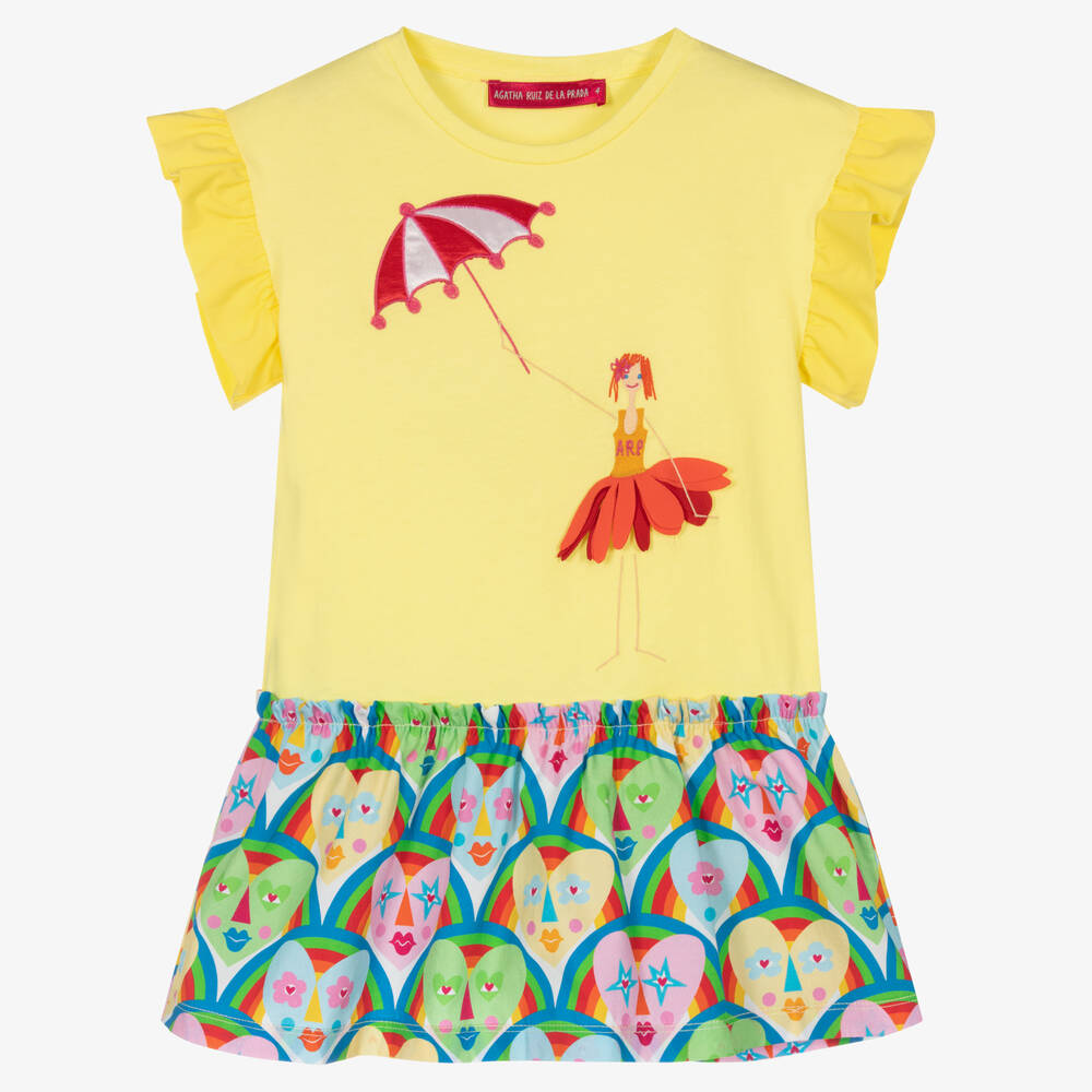 Agatha Ruiz de la Prada - Girls Yellow & Blue Cotton Heart Dress | Childrensalon