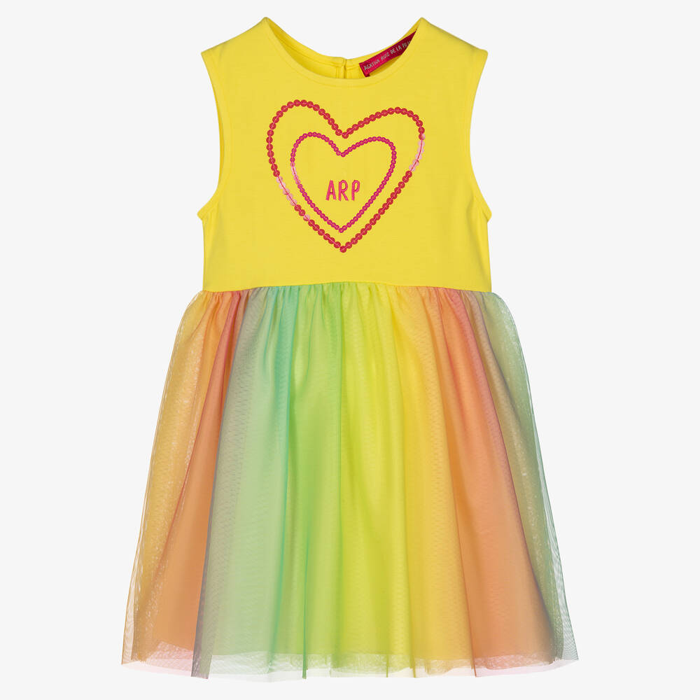 Agatha Ruiz de la Prada - Желтое хлопковое платье с юбкой радужной расцветки | Childrensalon