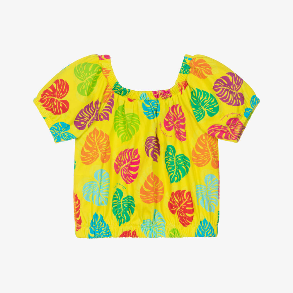 Agatha Ruiz de la Prada-Girls Yellow Cotton T-Shirt with Palm Leaf Print | Childrensalon Outlet