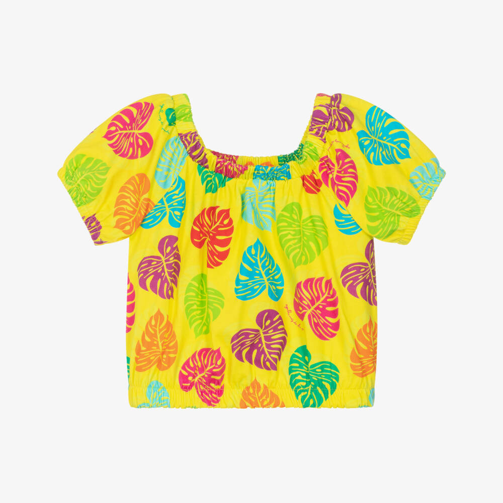 Agatha Ruiz de la Prada-Girls Yellow Cotton T-Shirt with Palm Leaf Print | Childrensalon Outlet