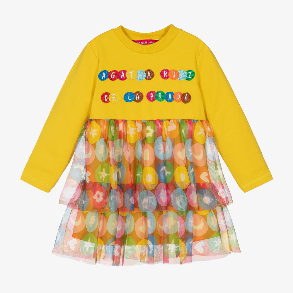 Agatha Ruiz de la Prada - Girls Yellow Cotton & Tulle  Shapes Dress | Childrensalon