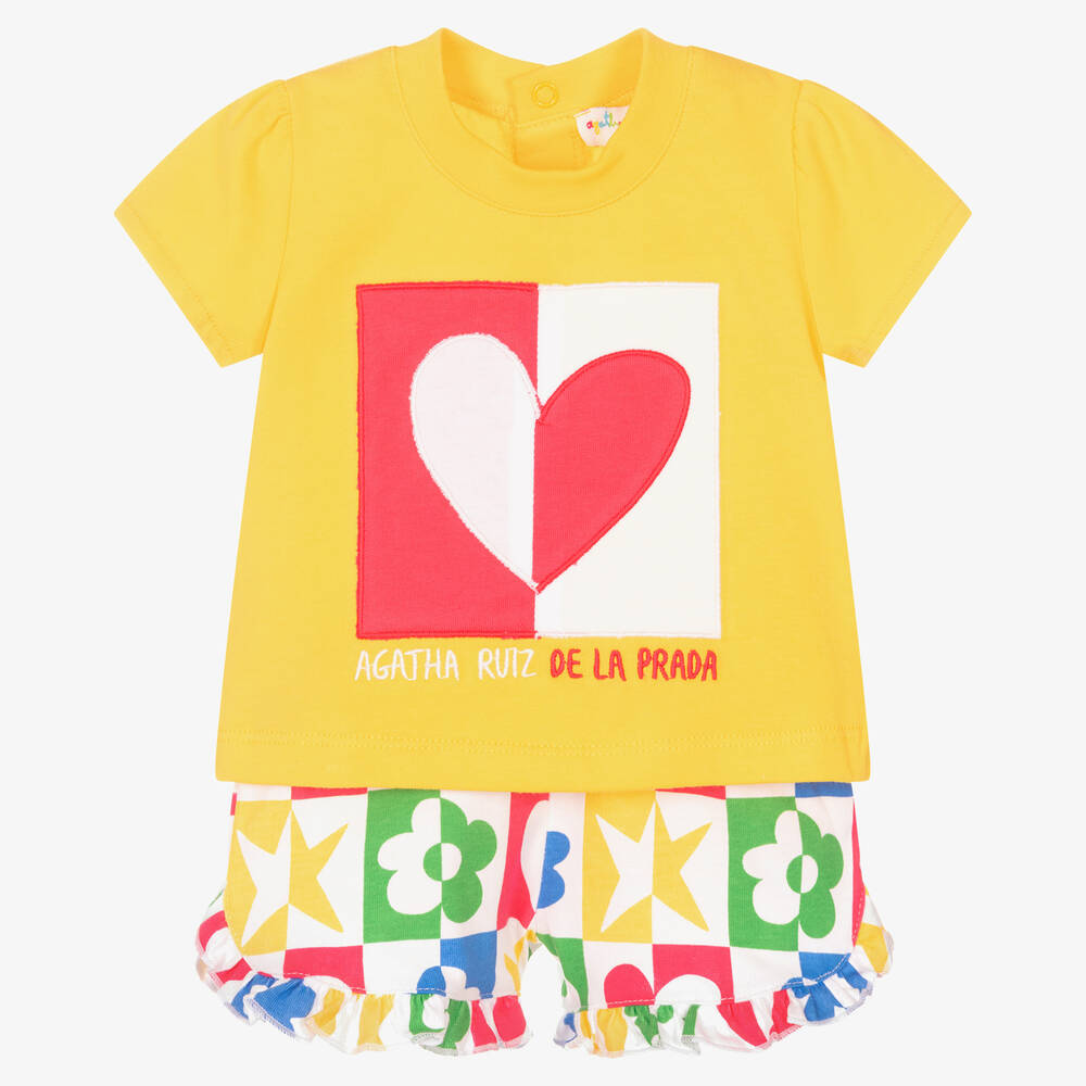 Agatha Ruiz de la Prada - Girls Yellow Heart Cotton Shorts Set | Childrensalon