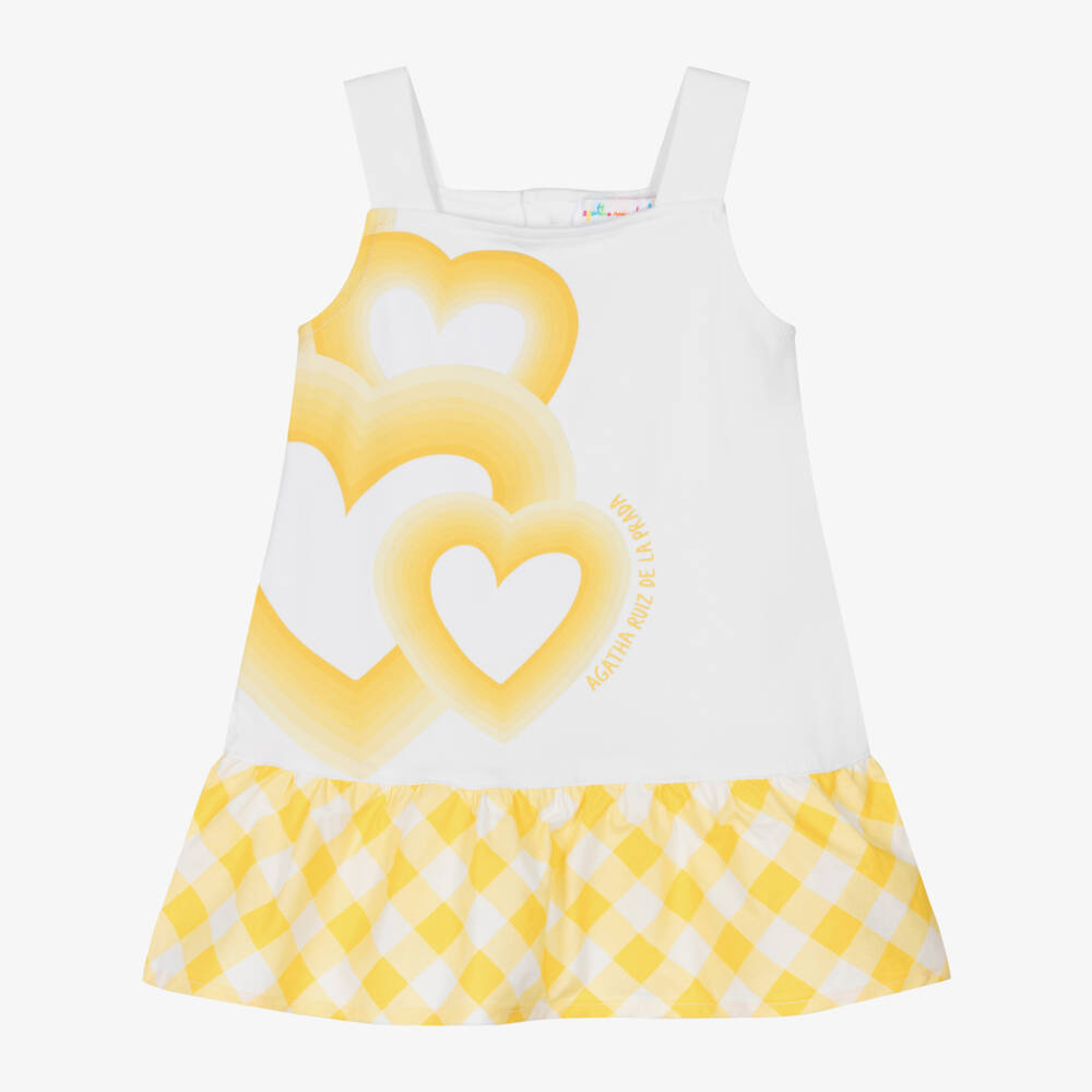 Agatha Ruiz de la Prada-Girls Yellow Heart Print Cotton Dress | Childrensalon Outlet