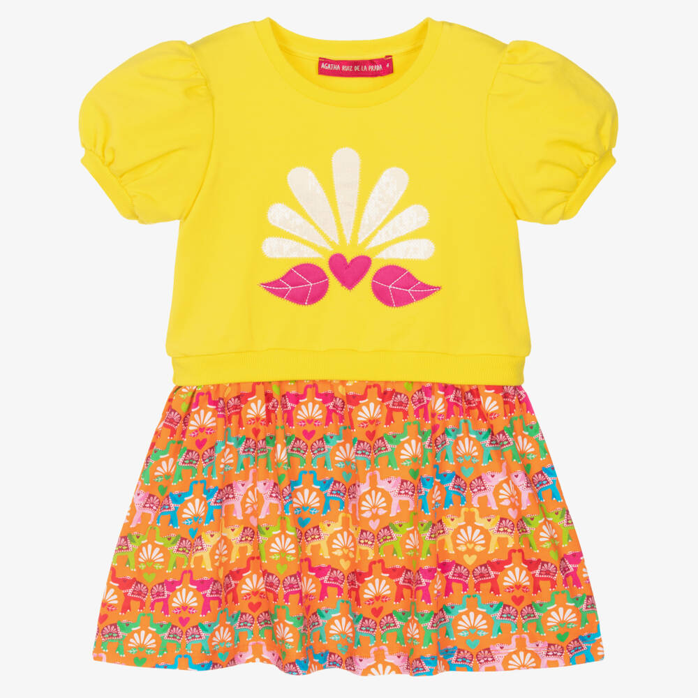 Agatha Ruiz de la Prada-Girls Yellow & Orange Elephant Print Dress | Childrensalon Outlet