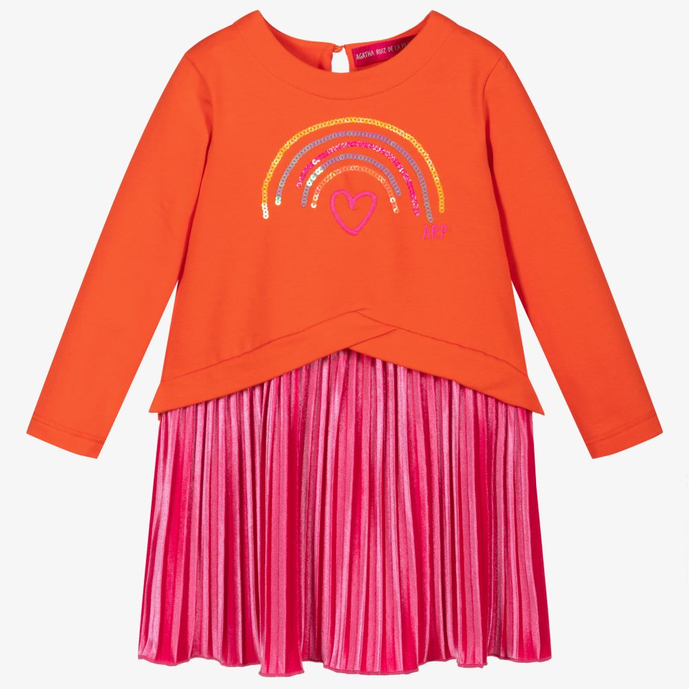 Agatha Ruiz de la Prada - فستان قطن قطيفة لون برتقالي وزهري | Childrensalon