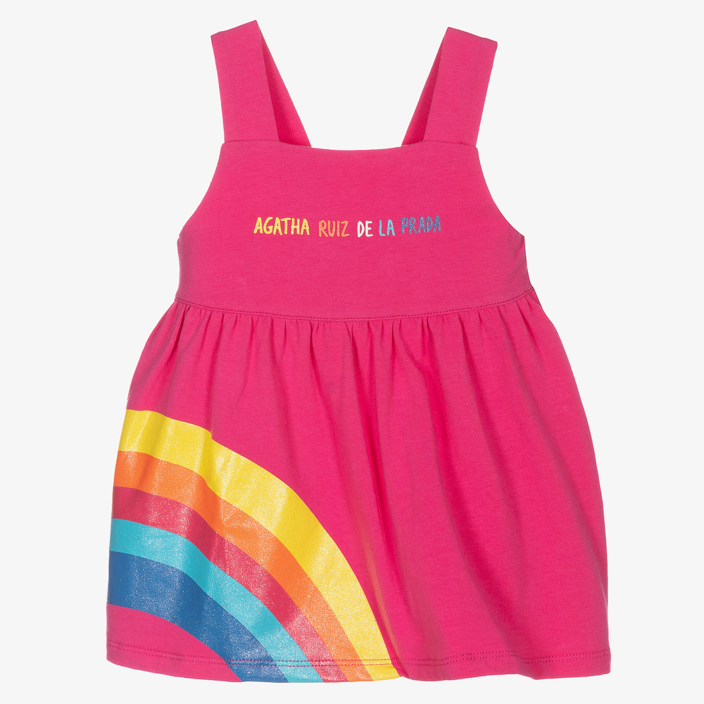 Agatha Ruiz de la Prada - Pinkes Baumwollkleid mit Regenbogen  | Childrensalon