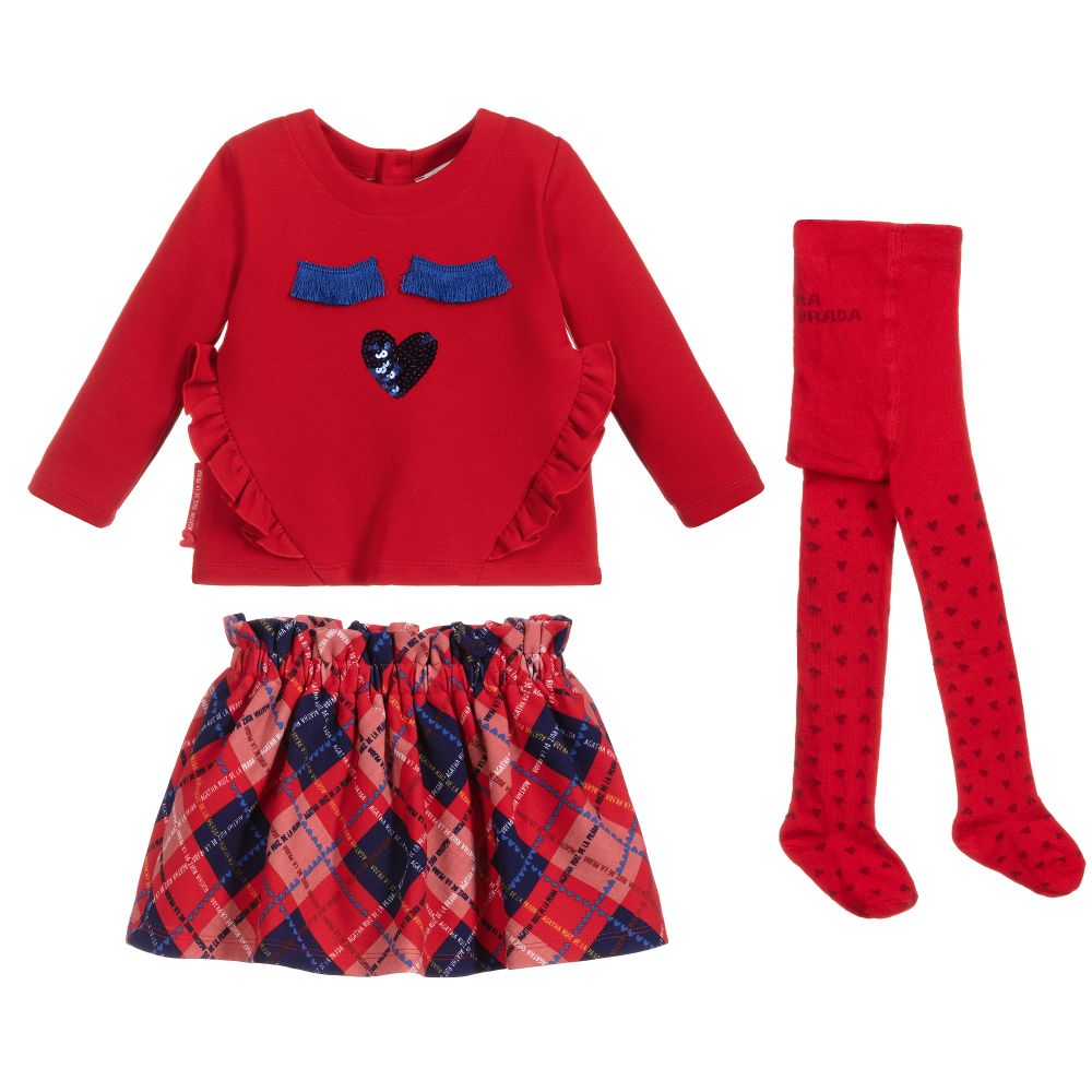 Agatha Ruiz de la Prada-طقم تنورة 3 قطع قطن جيرسي لون أحمر وكحلي | Childrensalon Outlet