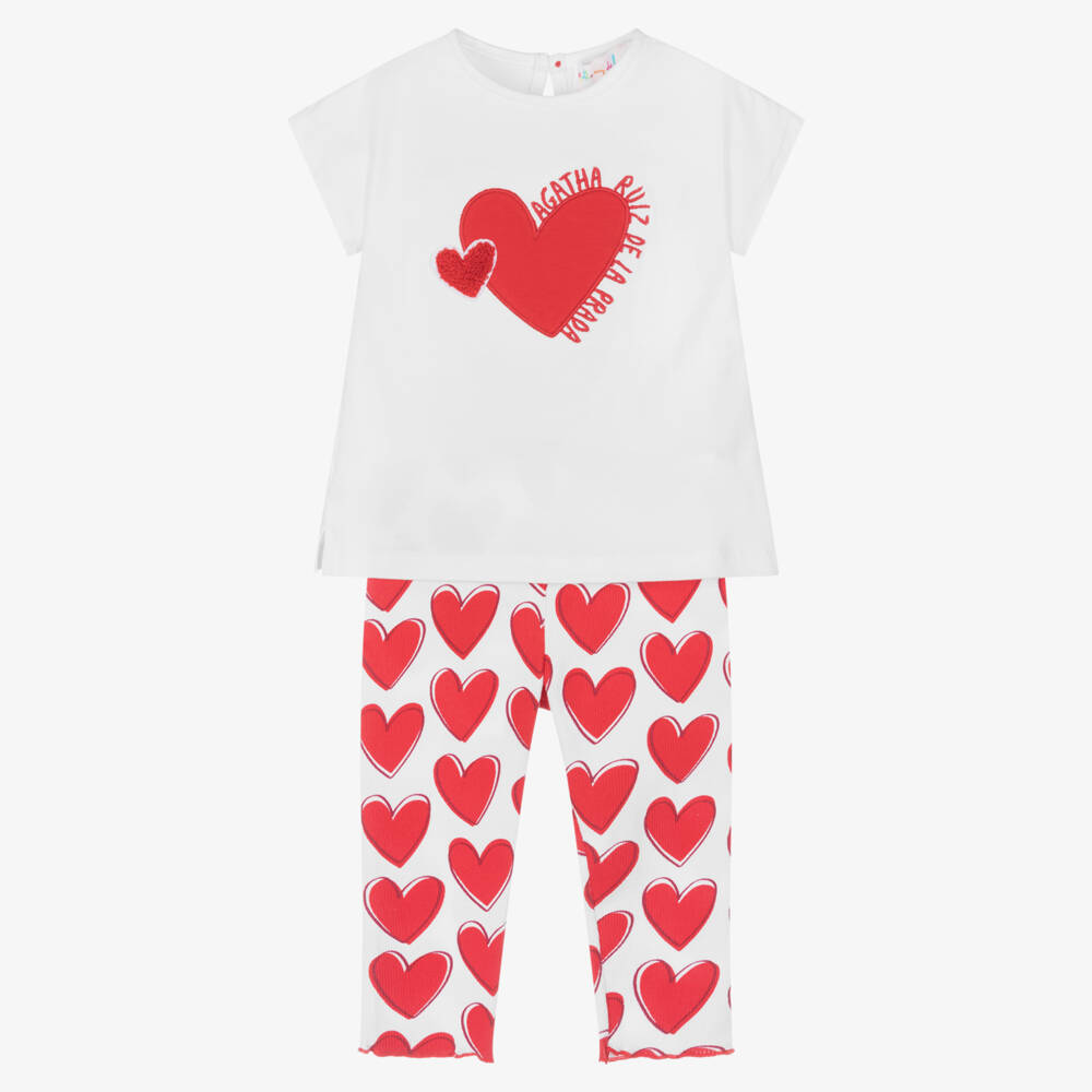 Agatha Ruiz de la Prada-White Heart Print Cotton Leggings Set | Childrensalon Outlet