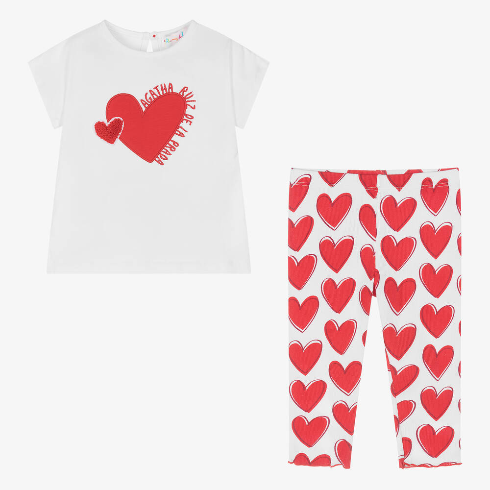 Agatha Ruiz de la Prada-White Heart Print Cotton Leggings Set | Childrensalon Outlet