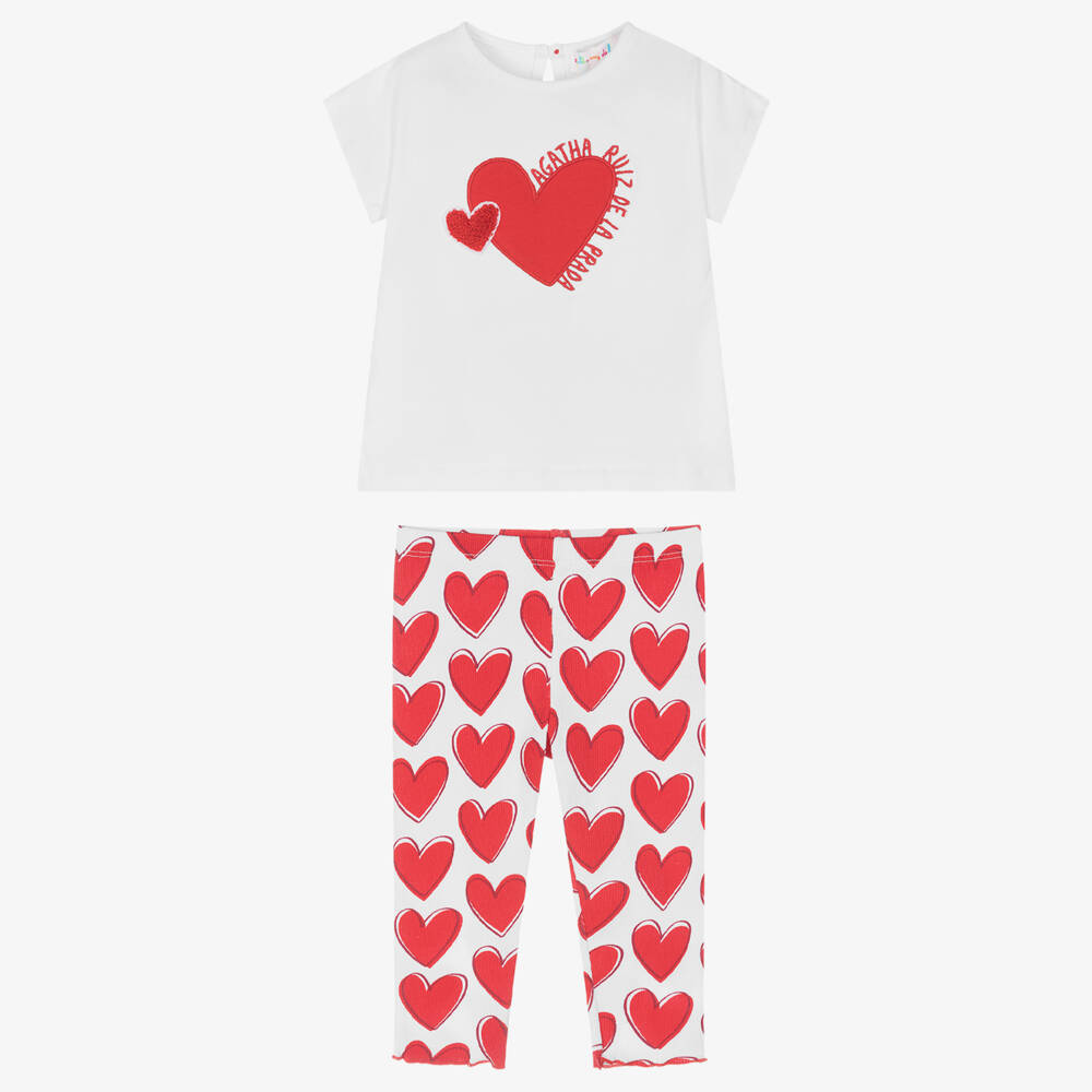 Agatha Ruiz de la Prada-طقم ليقنز بطبعة قلوب قطن جيرسي لون أبيض وأحمر | Childrensalon Outlet