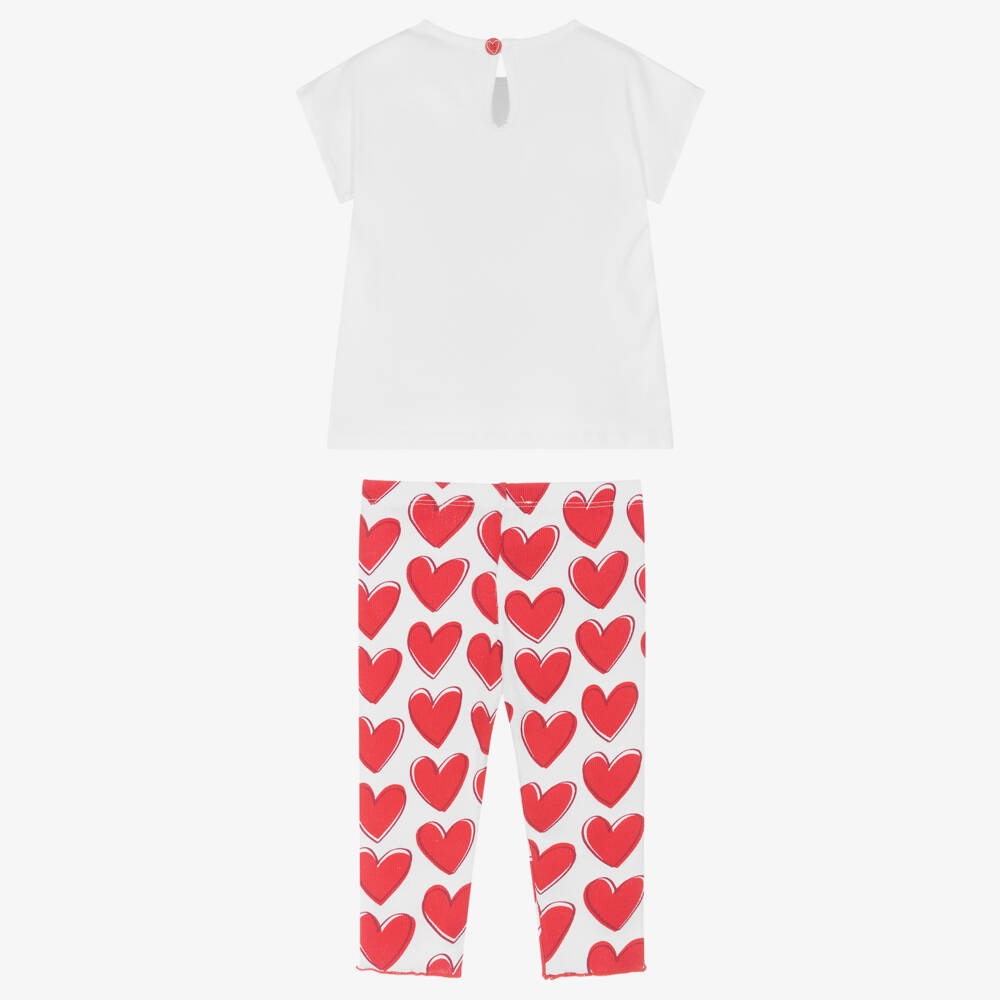 Agatha Ruiz de la Prada-طقم ليقنز بطبعة قلوب قطن جيرسي لون أبيض وأحمر | Childrensalon Outlet