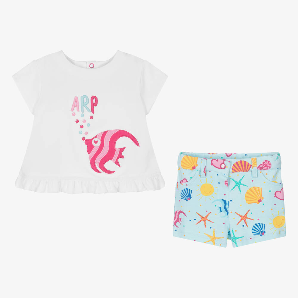 Agatha Ruiz de la Prada-طقم شورت قطن جيرسي لون أبيض للبنات | Childrensalon Outlet